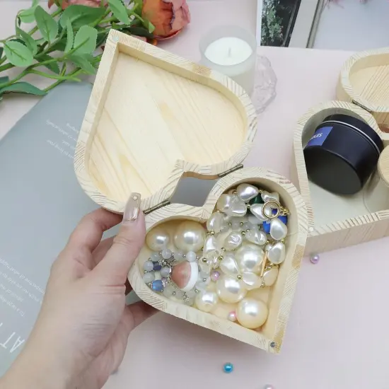 Heart-Shaped Unfinished Wooden Box Natural Pine Wood DIY Craft Wooden Boxes with Lid for Storage Crafts {2}