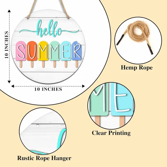 Summer Welcome Sign for Front Door, Hello Summer Wooden Signs Wall Decor, Popsicle Round Hanging Sign With Rope, Summer Decor For Home Front Door Porch, A10 {2}
