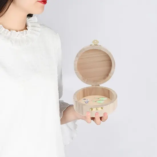Earring Organizer 2PCS Unfinished Wooden Ring Box DIY Jewelry Organizer Wood Box with Hinged Lid Front Clasp Small Trinket Box Container for Home Shop Round Photo Storage Box {2}