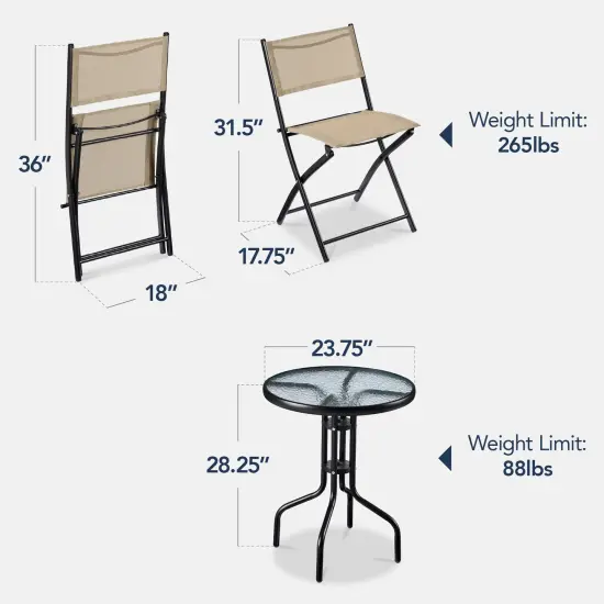 Best Choice Products 3-Piece Patio Bistro Dining Furniture Set w/ Round Textured Glass Tabletop, Folding Chairs Beige {2}