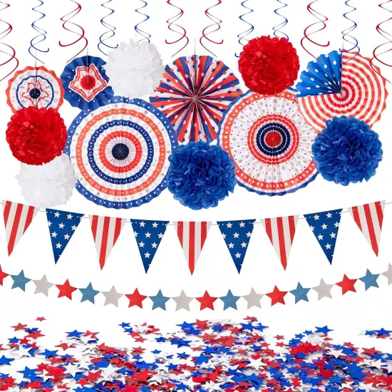 29PCS 4th/Fourth of July Patriotic Decorations Set - Red White Blue Paper Fans,USA Flag Pennant,Star Streamer,Pom Poms,Hanging Swirls Party Decor Supplies {1}