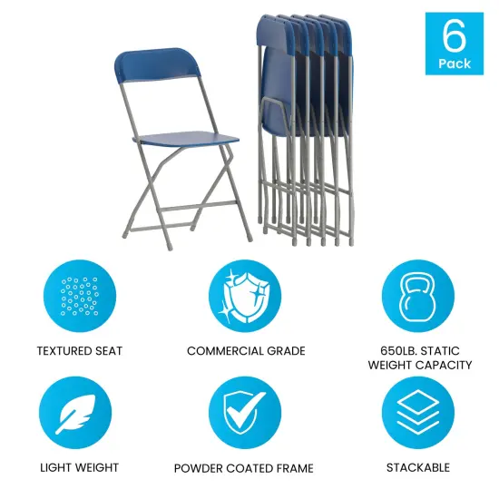 Emma and Oliver Set of 6 Stackable Folding Plastic Chairs - 650 LB Weight Capacity Blue {5}