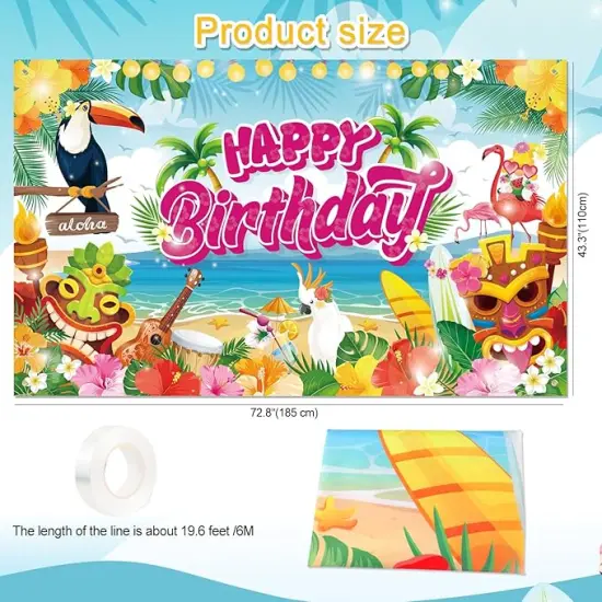 Hawaiian Birthday Backdrop Banner Decorations Aloha Luau Party, Large 72" x 43" Summer Happy Birthday Party Supplies for Hawaiian Tiki Beach Pool Party Flamingo Jungle Photography {2}