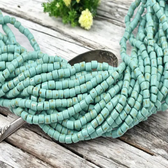 6/0 Aged Green Turquoise Picasso Tube Beads (20" Strand) {2}