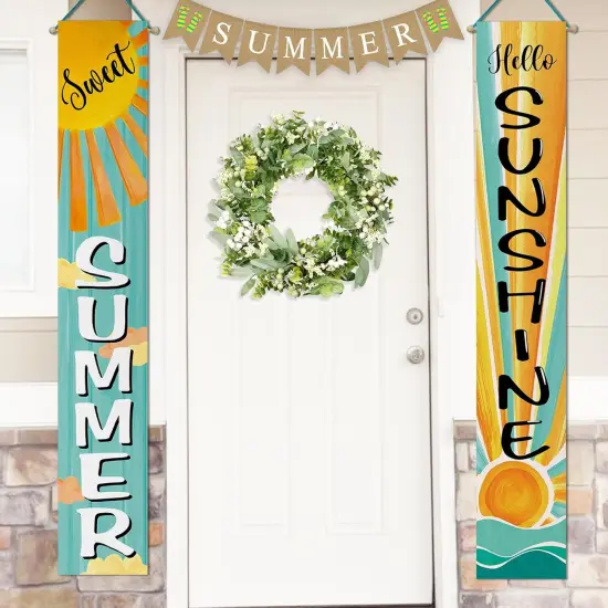 Sweet Summer Boho Sun Porch Banner Sign, Hello Sunshine Sunrise Cloud Bohemian Front Door Decorative Hanging Banner Flag, Yellow Teal Seasonal Decoration Home Outdoor Decor {3}