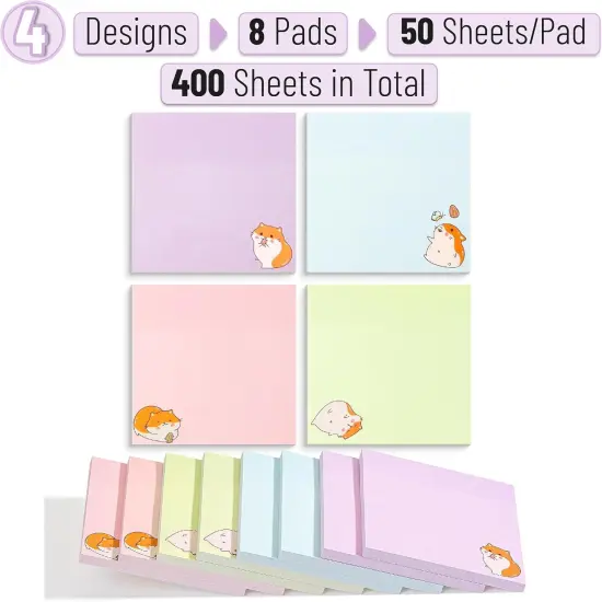 Sticky Notes, 8 Pads, 400 Sheets, Tiny Hamster Sticky Notes {2}