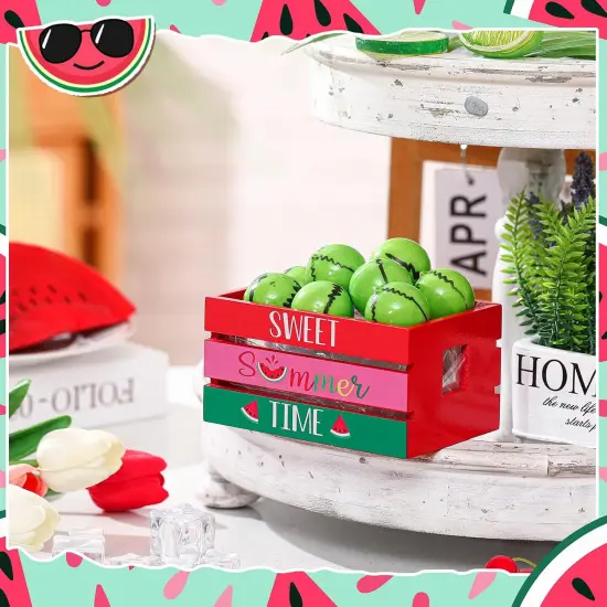 Watermelon Mini Crate Summer Tabletop Decor with 8 Faux Watermelon Farmhouse Tiered Tray Decor with Faux Fruits Wood Crate for Kitchen Home {2}