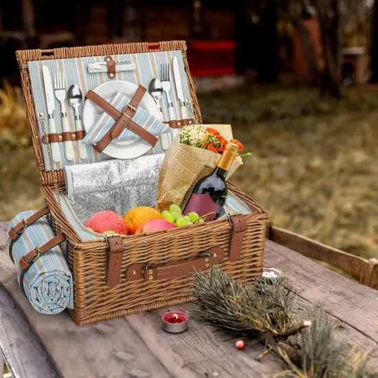 Picnic Basket Set for 2 Persons, Willow Hamper with Large Insulated Cooler Compartment, Waterproof Blanket and Cutlery Service Kit-Classical Brown {4}