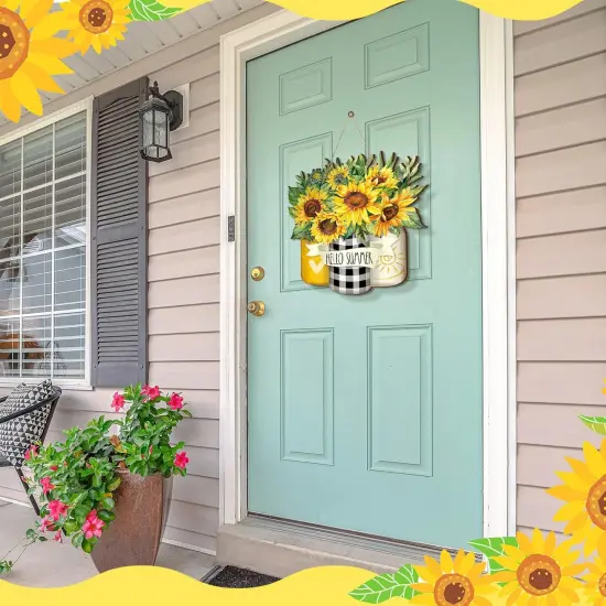Sunflower Hello Summer Sign Welcome Wood Flower Sign Front Door Decor Inspirational Wood Hanging Door Sign Outdoor Wooden Front Door Decorations for Farmhouse Porch {5}