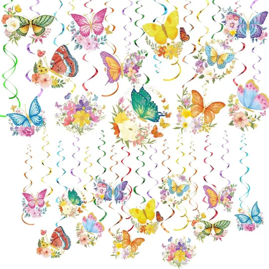 30 Pieces Butterfly Flower Hanging Swirl Party Decorations Summer Spring Butterfly Ceiling Decorations for Baby Shower Birthday Wedding Garden Tea Party Indoor Outdoor {1}