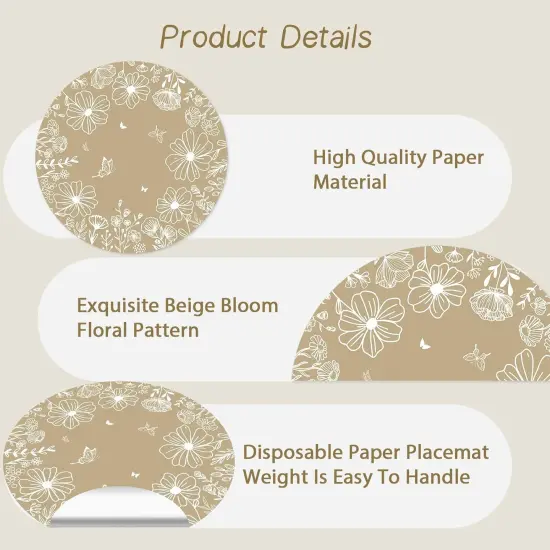 Paper Placemats Disposable 50 Pack Beige Bloom Flowers Place Mats 13.4 Inch Round Spring Floral Table Mats for Dinner Table Setting Birthday Wedding Spring Party Supplies {3}