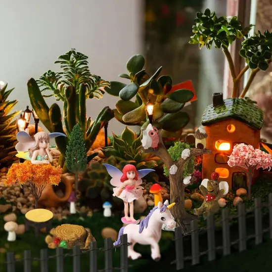 58 Pcs Miniature Garden Set Flower Angel Fairy House Animals Trees Diorama Supplies Fairy Village Mini Terrarium Figurines Micro Landscape Ornaments {3}