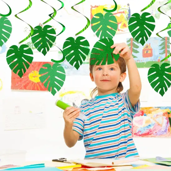 64 Pcs Hawaiian Luau Party Palm Leaves Swirl Party Decorations Hanging Ceiling Glitter Leaves Green Tropical Safari Jungle Party Decor for Easter Palm Sunday Summer Beach Birthday Baby Shower {5}