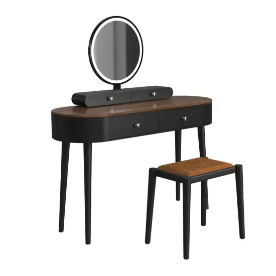 LED Lighted Vanity Table Set with Adjustable Mirror & Cushioned Stool Black-Brown {7}