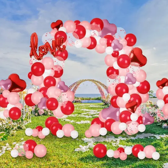 Balloon Arch Kit Decorations, Pink/White/Red Balloons Garland Decor with LOVE Heart Balloon Rose Petals {3}
