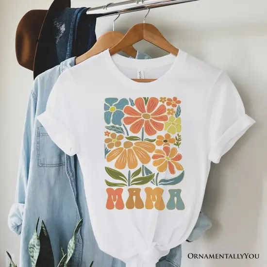 Boho Floral Mama T-Shirt, Natural and White Tee Large Flowers for Modern Moms {7}