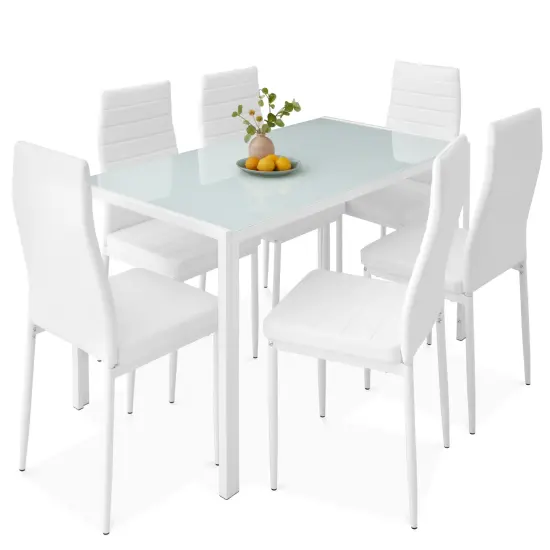 Best Choice Products 7-Piece Kitchen Dining Table Set w/ Glass Tabletop, 6 Faux Leather Chairs White {1}