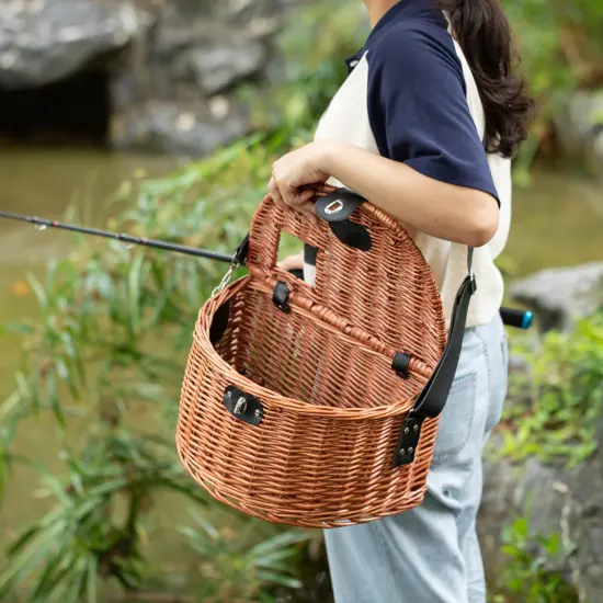 Wicker Fishing Creel with Faux Leather Shoulder Strap {2}