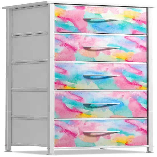 Sorbus Narrow 5 Drawers Nightstand with Steel Frame, Wood Top, Easy Pull Fabric Bins for Home, Bedroom, Office & Dorm Watercolor tie dye {1}
