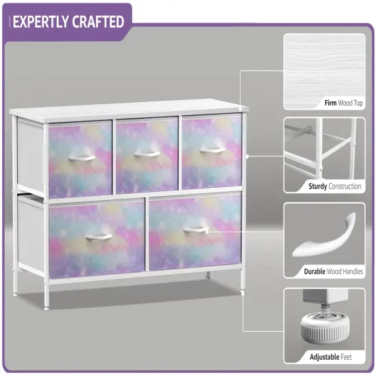 Sorbus Dresser with 5 Drawers - Storage Chest Organizer Unit with Steel Frame, Wood Top, Easy Pull Fabric Bins - Long Wide TV Stand for Bedroom Furniture, Hallway, Closet & Office Organization Rainbow sparkle {4}