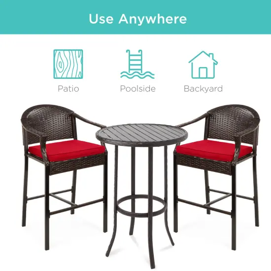 Best Choice Products 3-Piece Outdoor Wicker Bistro Bar Height Set for Patio, Garden w/ Barstools, Steel Frame Brown/Red {5}