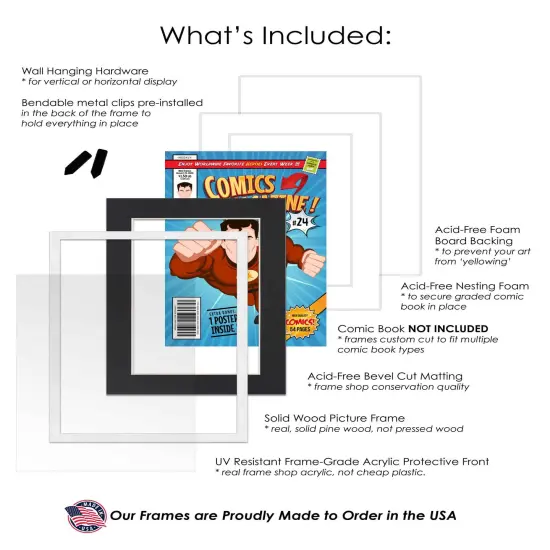 Comic Book Display Frame for Golden Age Comics Published Between 1938 and 1956 - White Wood Comic Frame With Black Mat for 7.75x10.5 Comic, 18 Frame Sizes {3}