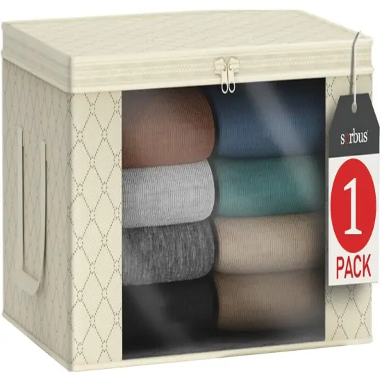 Sorbus Medium Clothes Storage Bag 1 Pack, Blanket Organizater Bin with Window, Lids, and Handles Beige {1}