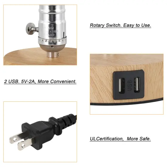Small Industrial Table Lamp with 2 USB Ports & Wooden Base Vintage Desk Light for Bedroom, Dorm, Nightstand {3}