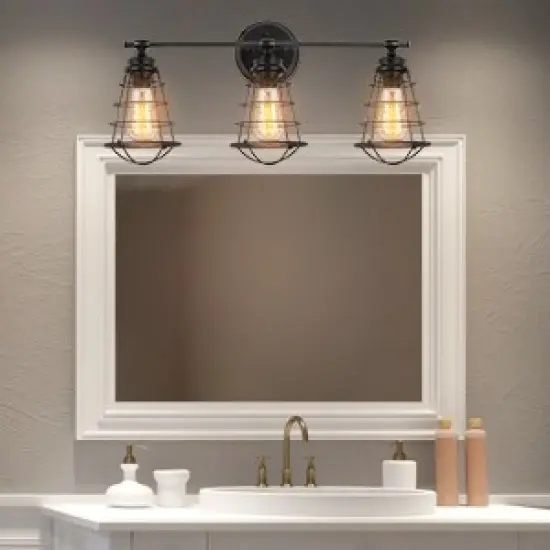 Wall-Mounted Industrial 3-Head Birdcage Lamp Vintage Wrought Iron Sconce for Bathroom, Living Room, or Entryway {4}