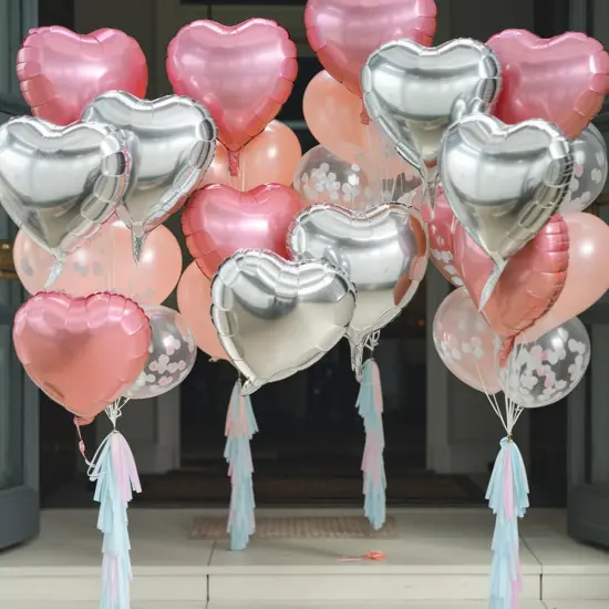 Pink Silver Heart Balloons, 18 Inch Pearl Pink and Silver Heart Shape Balloons, 12PCS Helium Mylar Love Foil Balloon for Birthday Baby Shower Engagement Wedding Party Decorations {4}