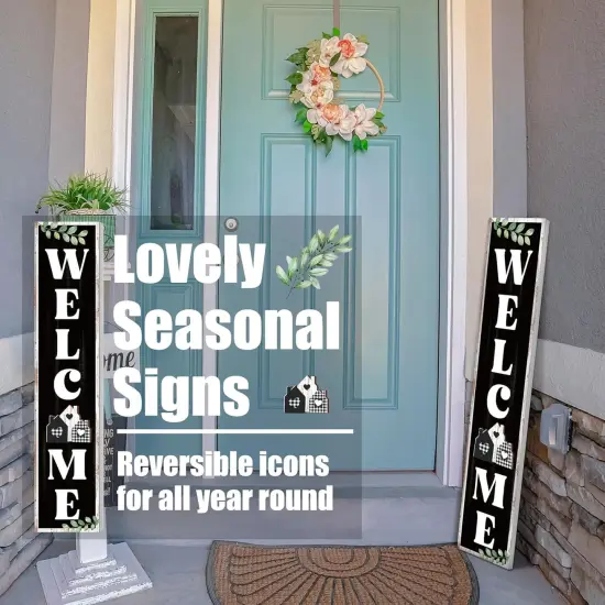 Welcome Sign for Front Door 47 x 9.8 Inch Standing Wooden Sign with 20 Interchangeable Icons {4}