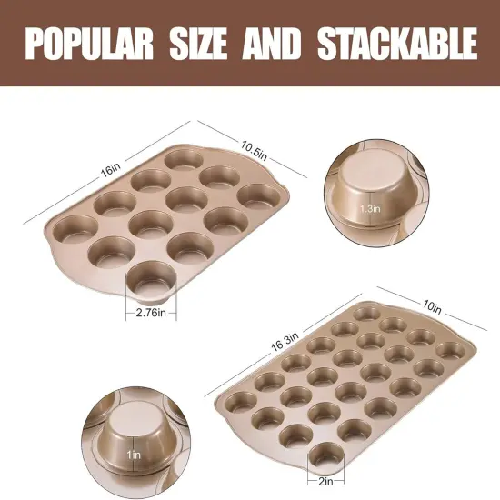 Nonstick Muffin Pan, Mini Cupcake Pan Set, Muffin Tins for Baking, 2 Pack, 12-Cup and 24-Cup, Gold {3}
