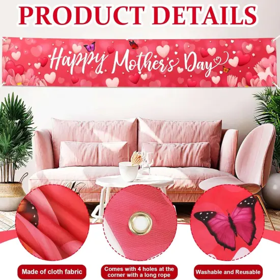 Large Happy Mother's Day Banner Decorations Mothers Day Yard Sign Holiday Hanging Decor 120x20 Inch Love Hearts Flowers Banner Party Supplies {3}