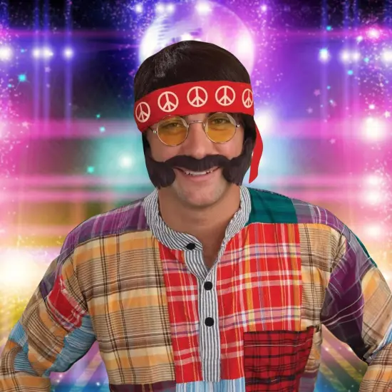 60's70's Hippie Adult CostumeWig Headband Glass Moustache&Side Burn {3}