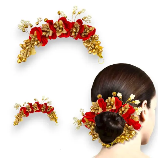 Designer Rose Gajra Traditional Indian Hair Accessory Artificial Flower Jewelry Handmade Veni Tiara for Women Party Wear Bridal Mehndi Hair Bun Classical Dance Jewelry Red {1}