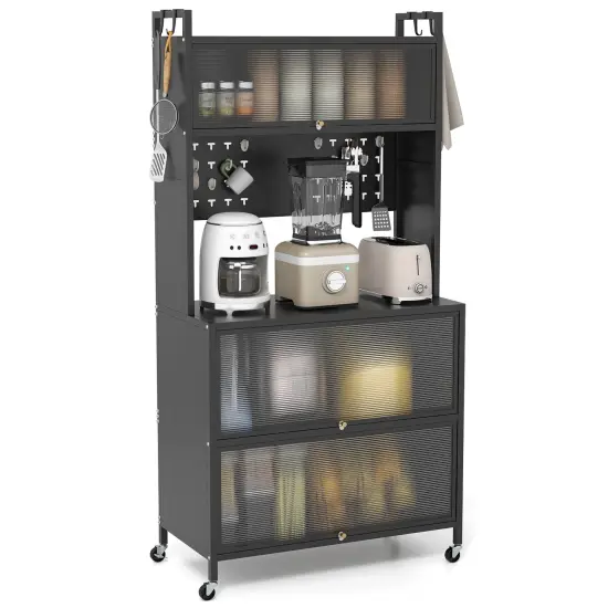 Multifunctional Microwave Stand with 5 Tier Storage and LED Lights Black {2}