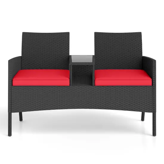 Black PE Rattan Loveseat with Cushions, Built-In Coffee Table and 2-Tier Storage Red {8}