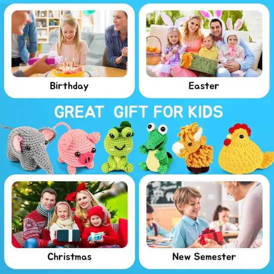 Set of 6 Animal Crochet Kit - Frog, Crocodile, Rooster, Elephant, Yak & Piglet {3}