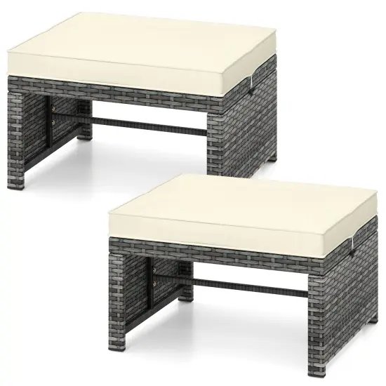 2 Piece Mix Grey Rattan Ottomans with Cushions, Sturdy Metal Frame and Multi-Function Design Navy {8}