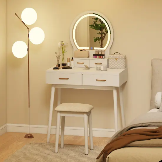 Wood MDF Vanity Table with LED Mirror, Storage Drawers and Stool White {2}