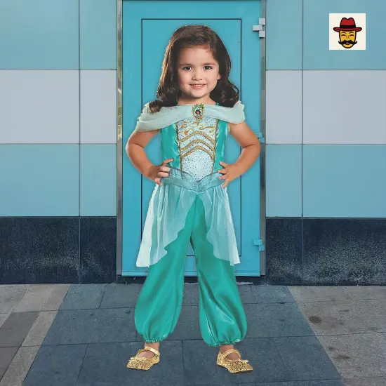 Girls Classic Jasmine Costume Teal Sheer Pantsuit Gold Detailing Disney Princess {2}