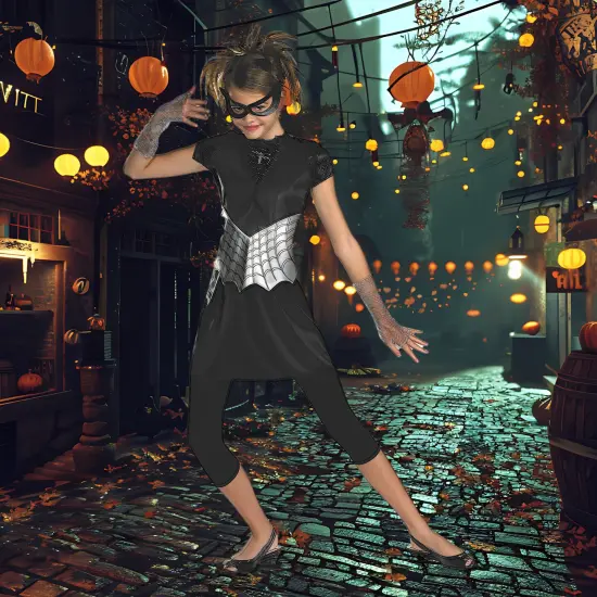 Teen Spider Girl Costume Black Dress With Silver Web And Eye Mask Set {2}