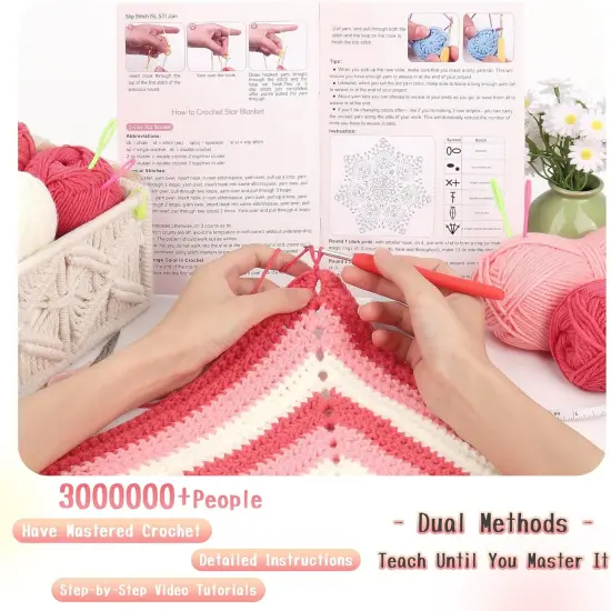 Crochet Granny Square Star Blanket Kits w/Step-by-Step Video Tutorials-Complete Beginner Crocheting Kit for Adults Kids-Easy {3}