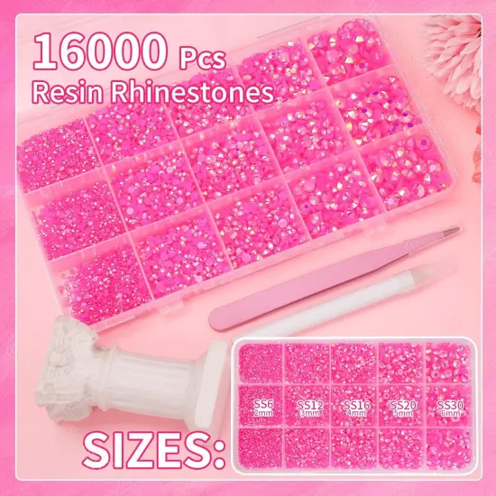 16000 Pcs Flat Back Resin Rhinestones with Pickup Tool - Hot Pink (Mixed Sizes) {2}