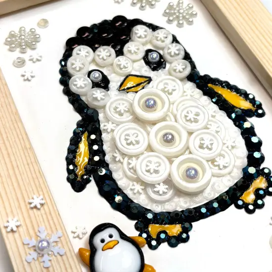 Winter Wonderland Penguin Button Art Kit, DIY Craft Frame with Snowflakes, Black and White Design, Wooden Frame, Holiday Decor {4}