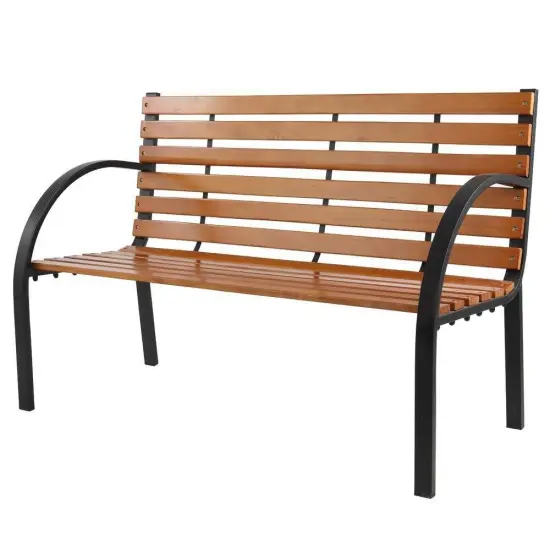 Iron Hardwood Outdoor Garden Bench with Curved Armrests Black & Natural {1}