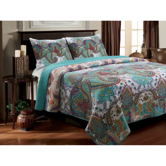 Paisley Pattern Teal Cotton Quilt Set Oversized Reversible Bedspread Machine Washable {1}