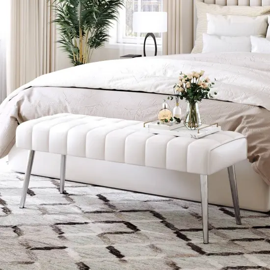 Modern Bedroom Bench with Tufted PU Leather Seat and Tapered Metal Legs for 3 Seating White {1}