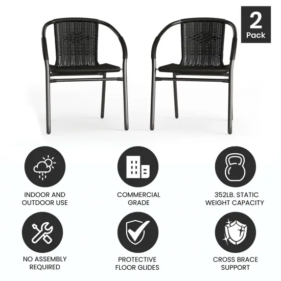 Emma and Oliver 2 Pack Rattan Indoor-Outdoor Restaurant Stack Chair with Curved Back Black {5}