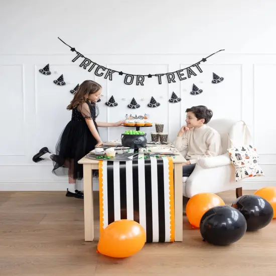 Stylish Halloween Table Runner – Black & White Stripes with Orange Scallop Trim, 16"x10ft for Spooky Parties {2}